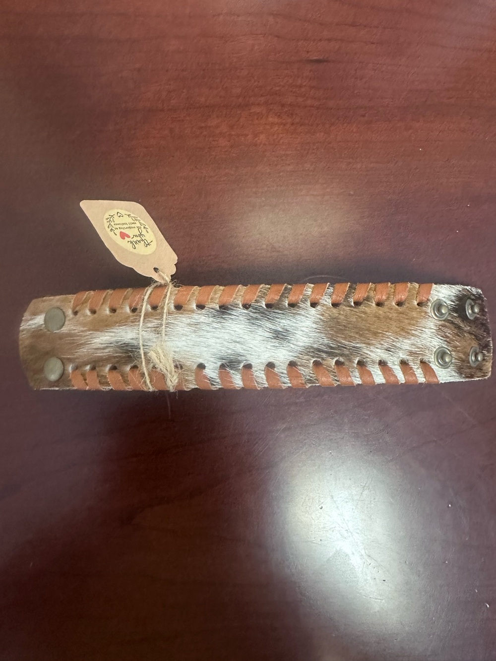 Handcrafted Cowhide Leather Bracelet with Brown and White Fur